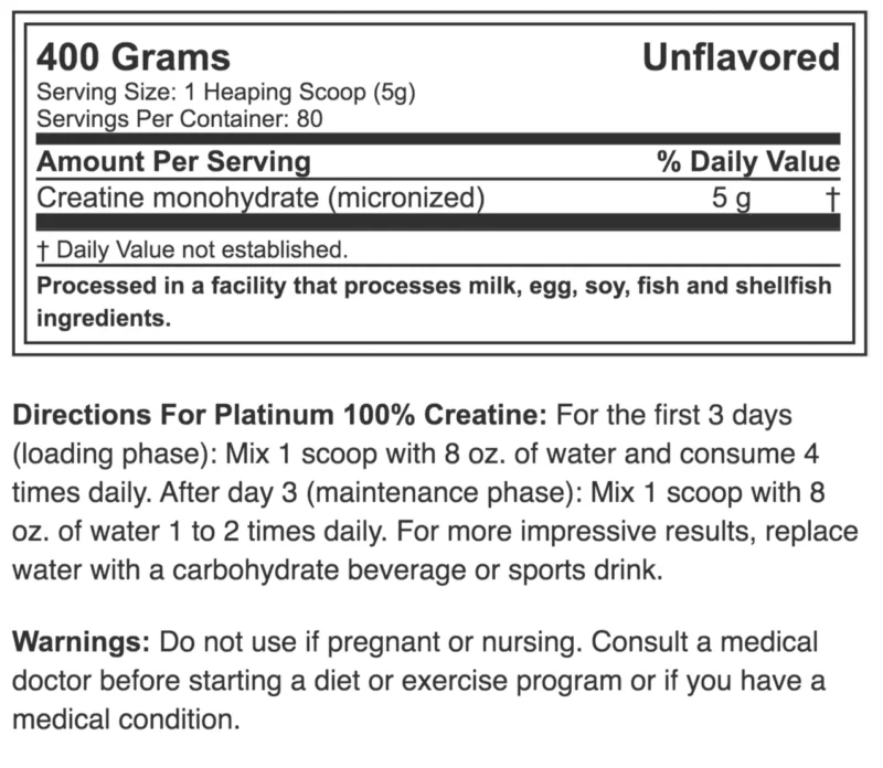 TABLA-NUTRICIONAL-CREATINA-PLATINUM-MUSCLETECH-80SERV Creatina Platinum 80 servicios