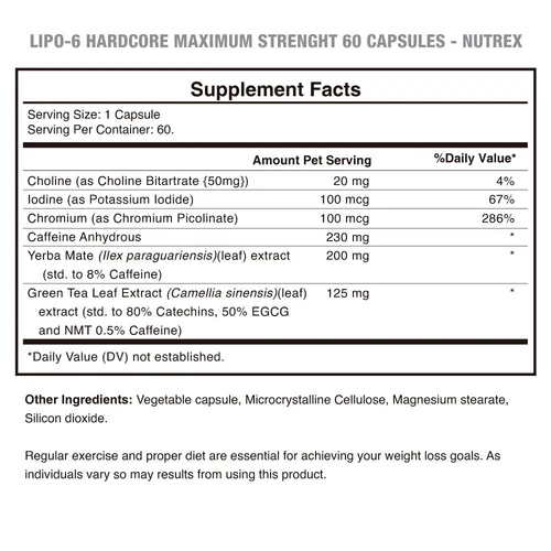 TABLA-NUTRICIONAL-LIPO-6-HARDCORE-NUTREX Lipo 6 Hardcore 60 cápsulas